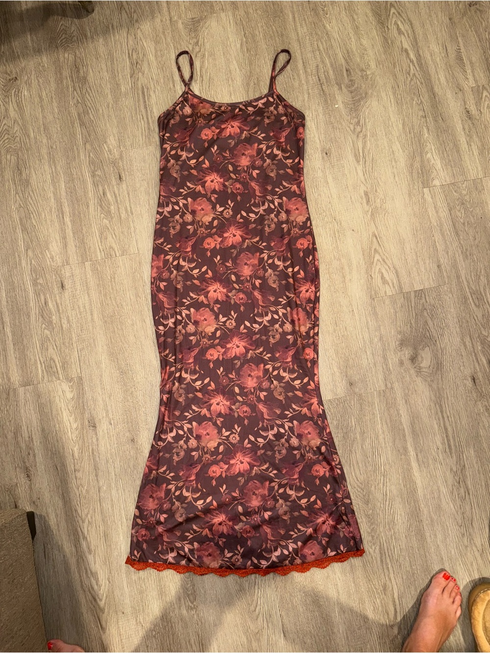 ROMWE Red Floral Maxi Slip Dress with Spaghetti Straps